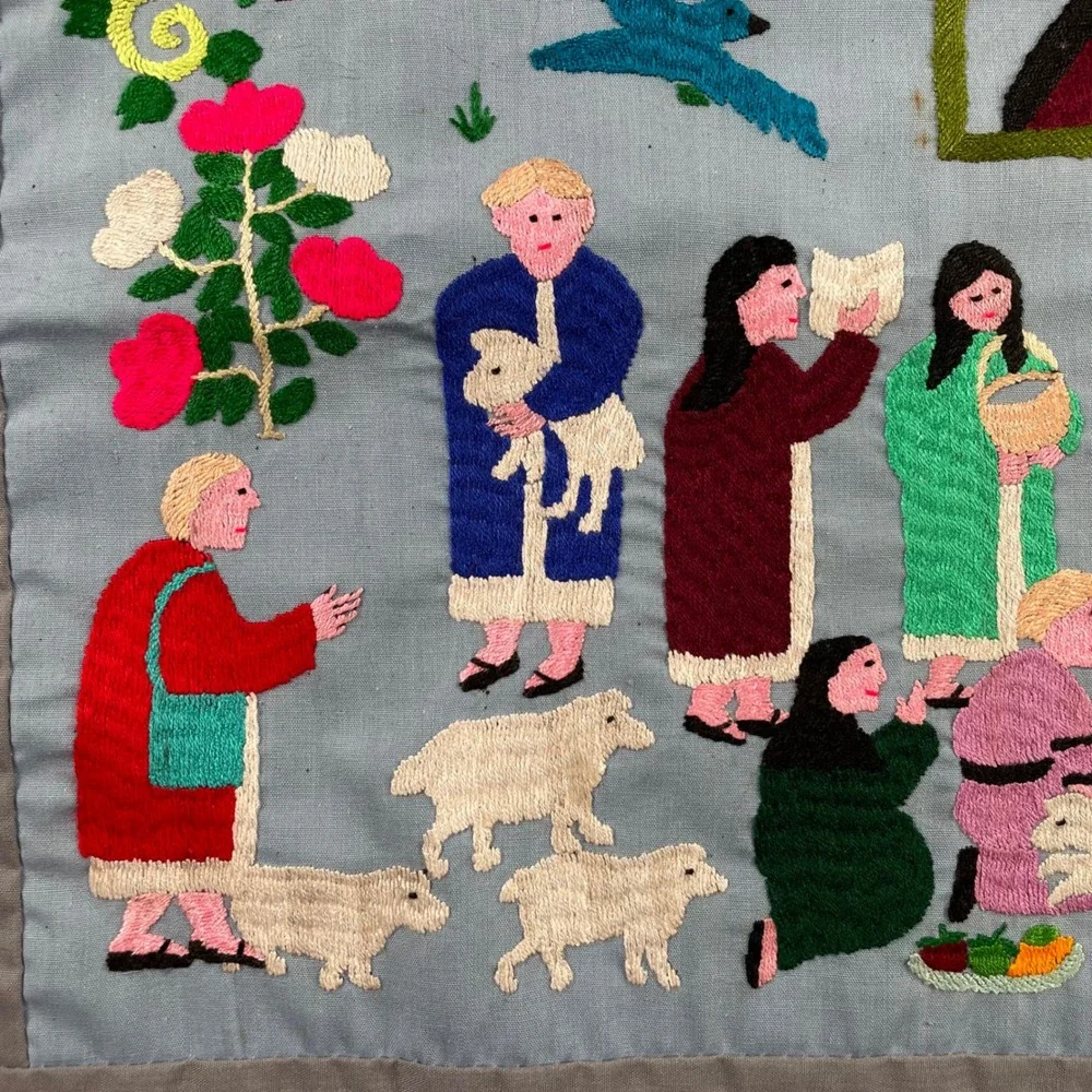 VTG Hmong Story Cloth Embroidered Textile Wall Hanging‎ Religious Nativity Folk